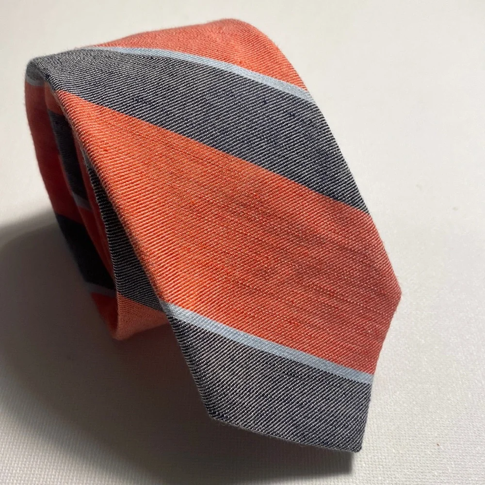 J. Crew Orange and Gray Striped Linen/Cotton Tie